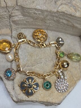 Vintage Upcycle Multi Charm Bracelet - Green & Blue Accents